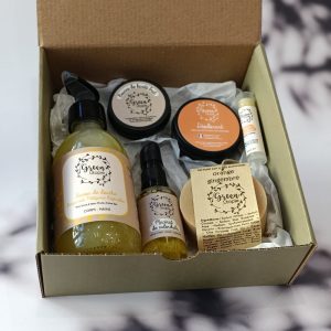 Coffret Cadeau Routine Beauté - Ce coffret comporte des produits 100% d'origine naturelle fabriqué artisanalement à Ansouis dans le Lubéron - Un baume stick, une huile de macérât de calendula, un savon liquide, un déodorant, un beurre de karité, un savon solide orange gingembre
